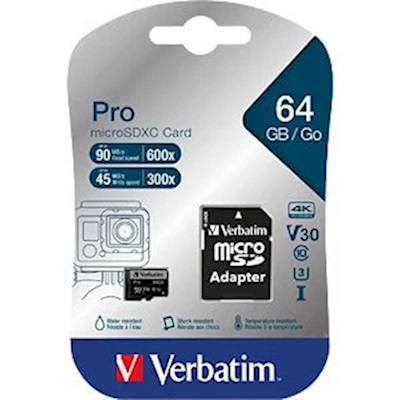 VERBATIM 64GB 90MB/S MICRO SD PRO CLASS 10 UHS